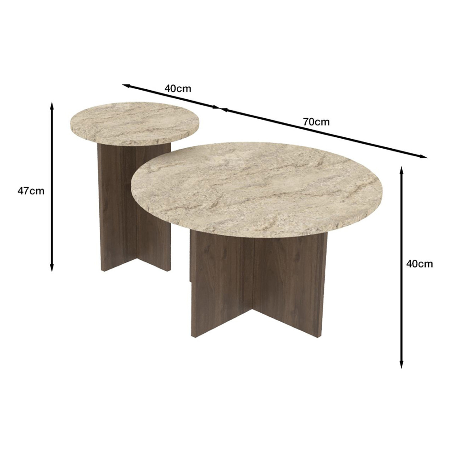 Ensemble de 2 tables basses rondes effet travertin et noyer BLISS