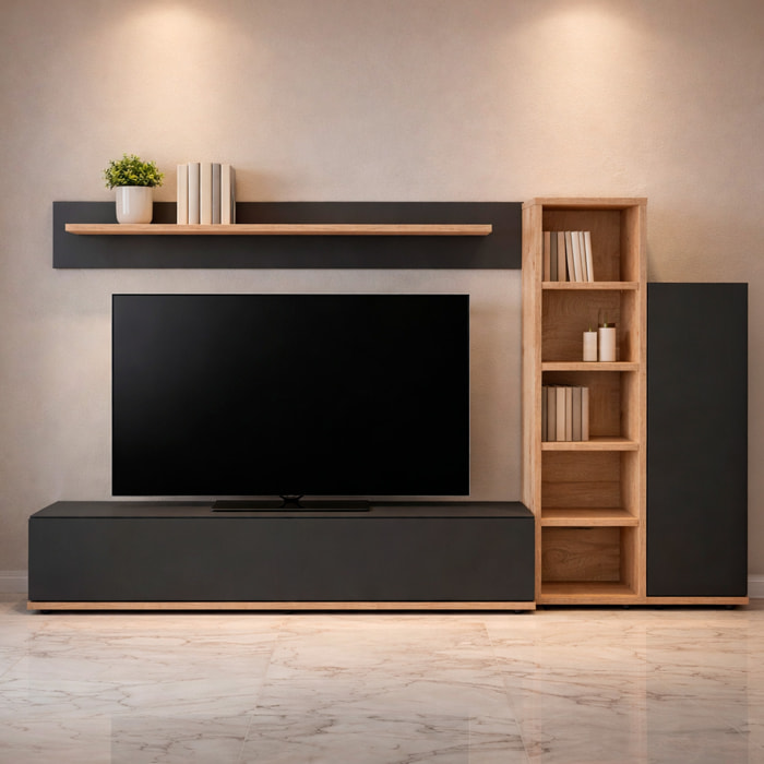 Parete Attrezzata Mobile TV Libreria Armadio Mensola Vani Multifunzione Design Contemporaneo Living Arredo Casa 240 x 40 x 127 Cm Antracite E Rovere