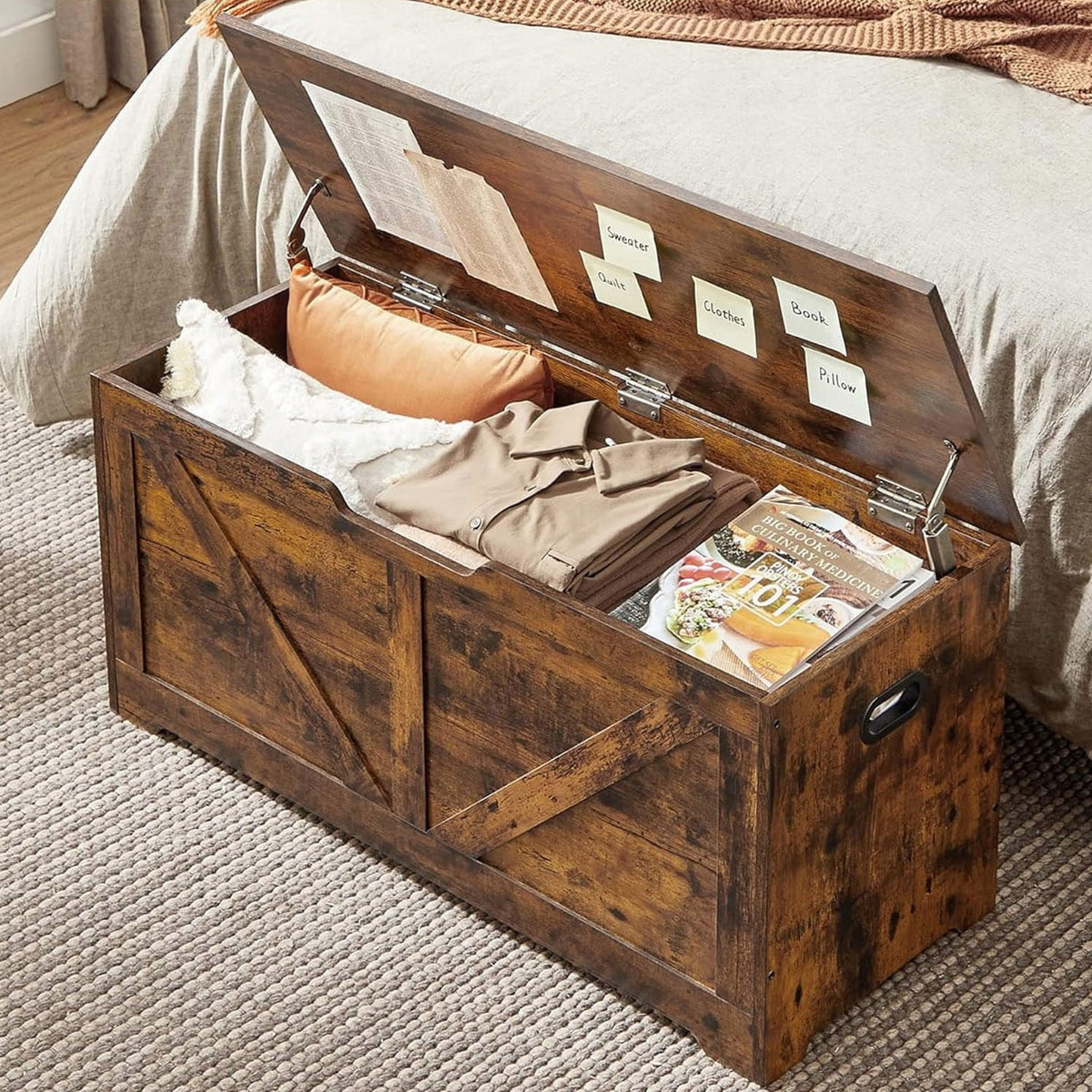 Panca contenitore vintage in legno marrone rustico