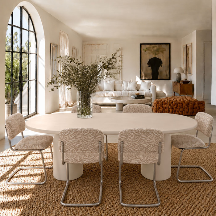 Ensemble table ovale 220cm et 6 chaises en tissu zèbre FELINE