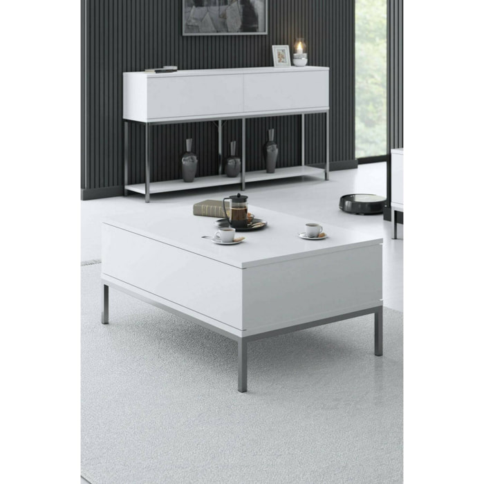 Tavolino da salotto Vespero, Tavolo basso da caffè, Portariviste per divano, Ripiano da soggiorno, 90x60h40 cm, Bianco e Argento
