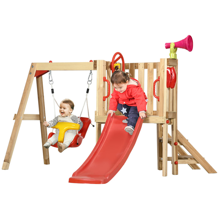 Juego de Tobogán y Columpio para Niños de 18-48 Meses 4 en 1 Parque Infantil de Madera con Columpio Tobogán Volante Bocina Teléfono para Patio Césped 170x200x118 cm Rojo y Natural