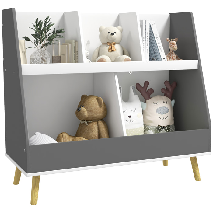 Estantería para Juguetes para Niños Organizador Infantil de 2 Niveles con 5 Compartimentos y Patas de Madera de Pino para Guardería Sala de Juegos 80x34x72,5 cm Gris y Blanco