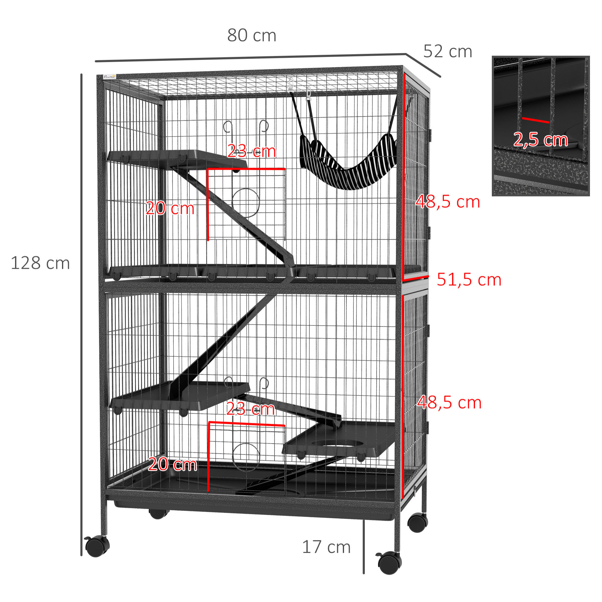 Jaula para Animales Pequeños de 4 Niveles Jaula para Roedores con Ruedas Rampas Hamaca Colgante y Bandeja Extraíble Recinto para Conejos Chinchillas Hurones 80x52x128 cm Gris Oscuro