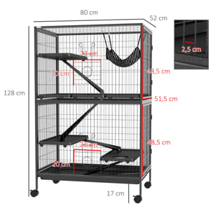 Jaula para Animales Pequeños de 4 Niveles Jaula para Roedores con Ruedas Rampas Hamaca Colgante y Bandeja Extraíble Recinto para Conejos Chinchillas Hurones 80x52x128 cm Gris Oscuro