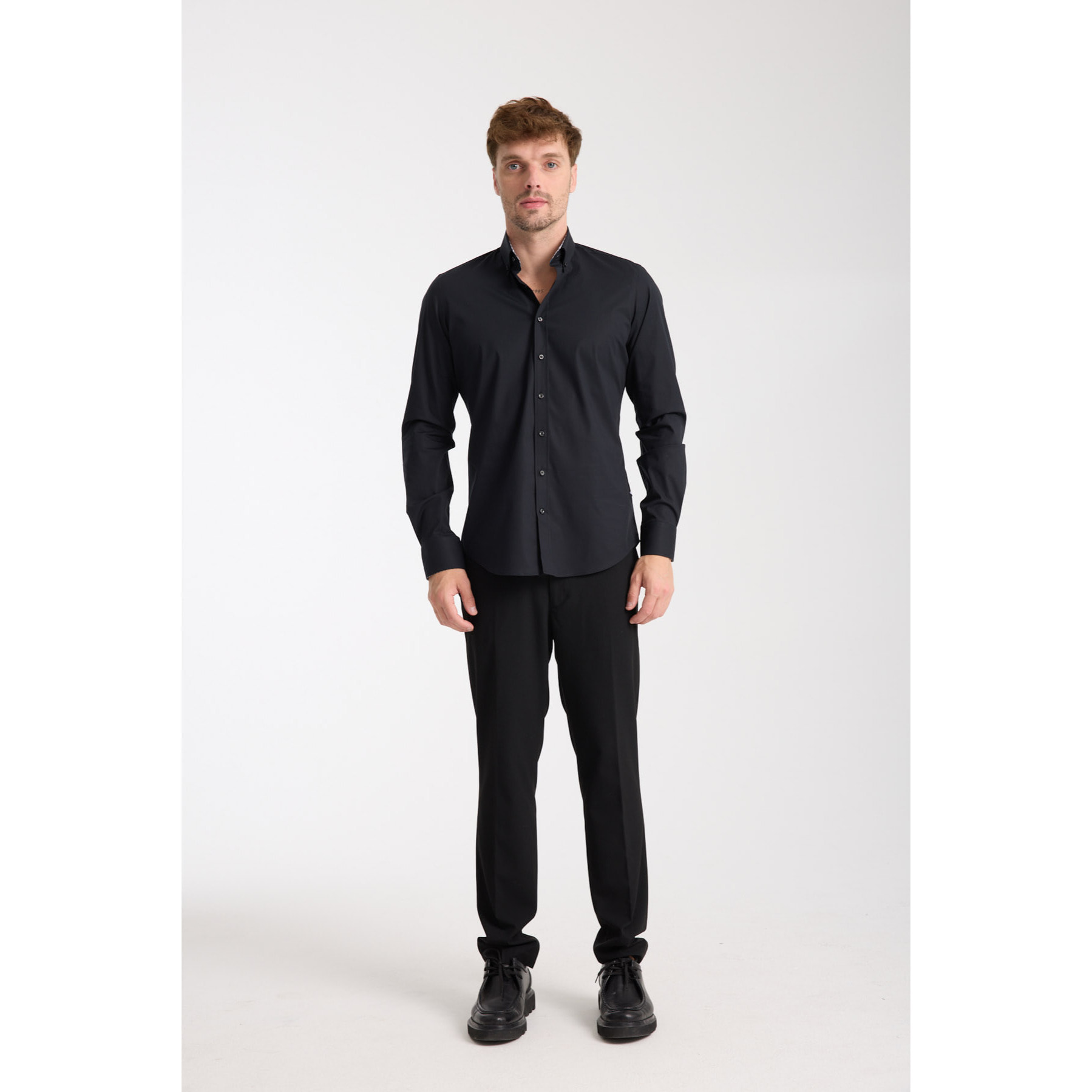 camicia uomo 1 bottone button down slim Popeline Stretch Unito Nero