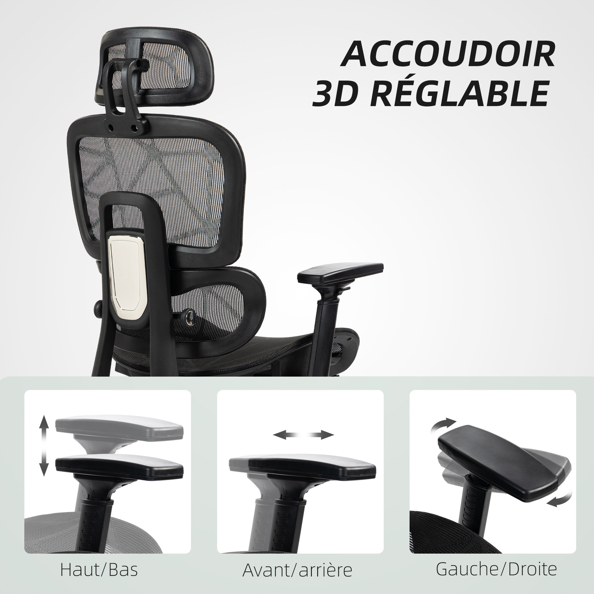 Fauteuil de bureau ergonomique grand confort entièrement réglable tissu maille noir