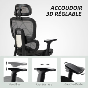 Fauteuil de bureau ergonomique grand confort entièrement réglable tissu maille noir