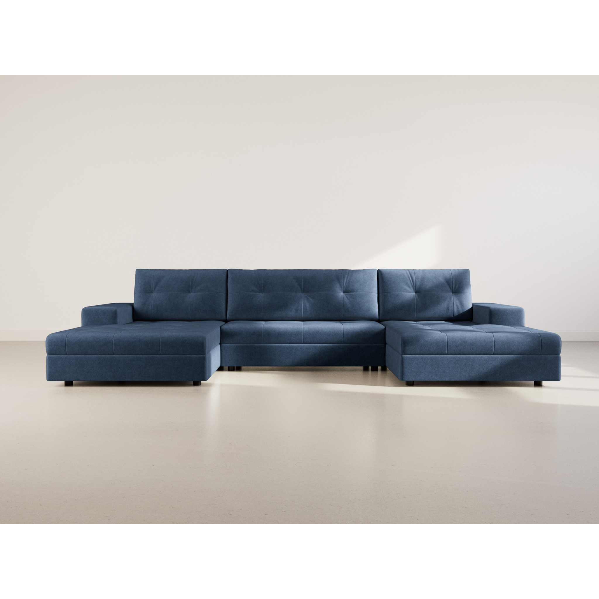 Bastian - canapé panoramique en U 7 places convertible avec coffre en velours texturé - Bleu