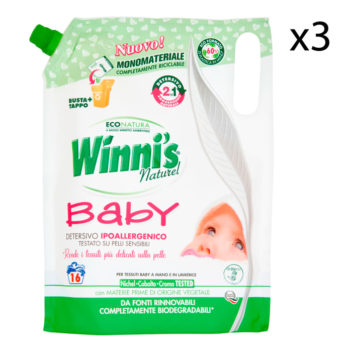 3x Winni's Naturel Baby 2in1 Detersivo e Ammorbidente Ipoallergenico per Lavatrice e Bucato a Mano 16 Lavaggi - 3 Buste da 800ml