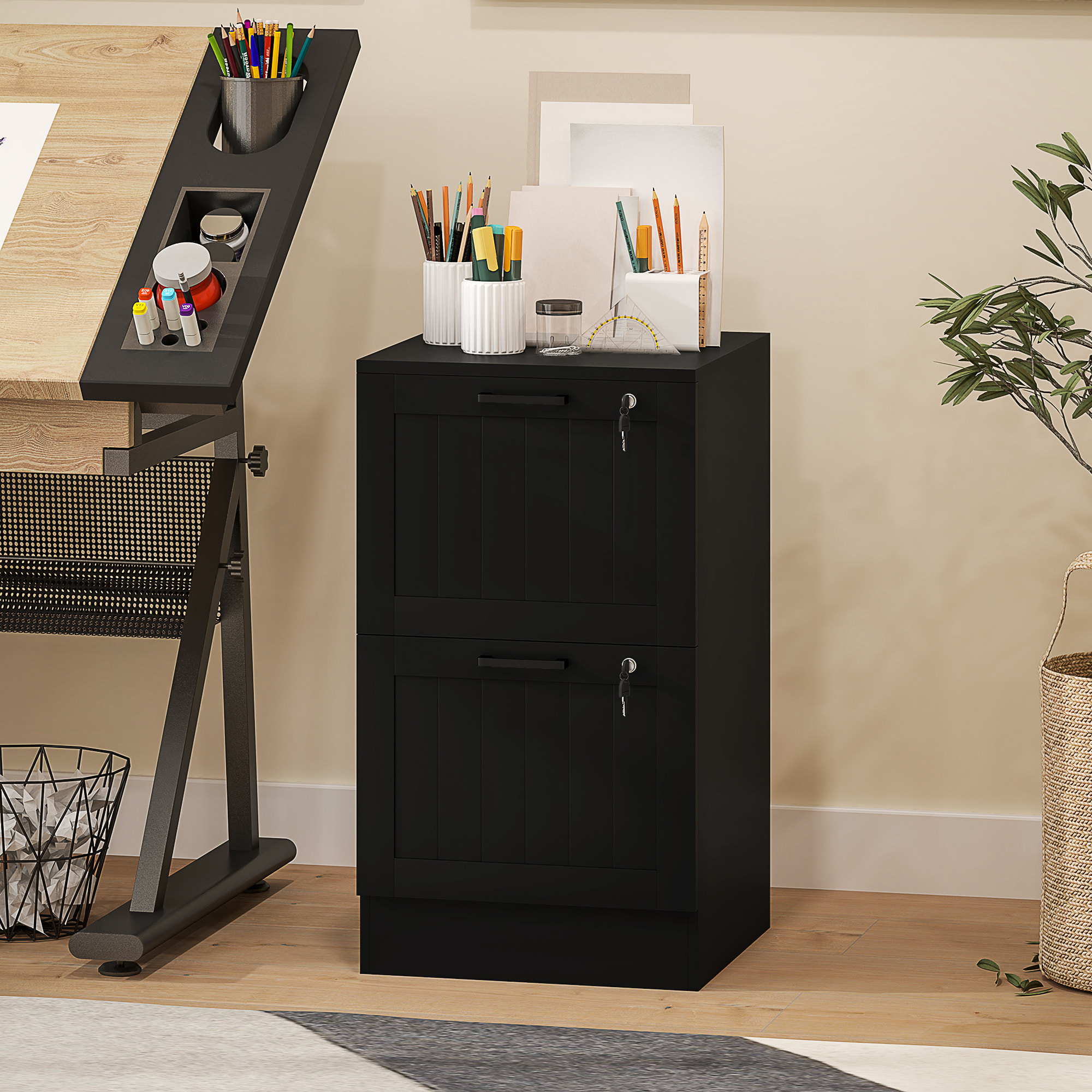 Caisson bureau 2 tiroirs verrouillables dossiers suspendus dim. 40x40x71cm MDF noir