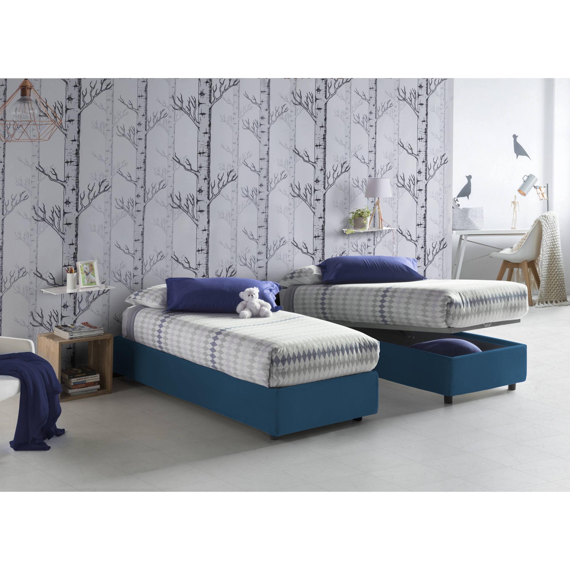 Letto singolo Melissa, Letto contenitore con rivestimento in tessuto, 100% Made in Italy, Apertura laterale, adatto per materasso Cm 80x190, Blu