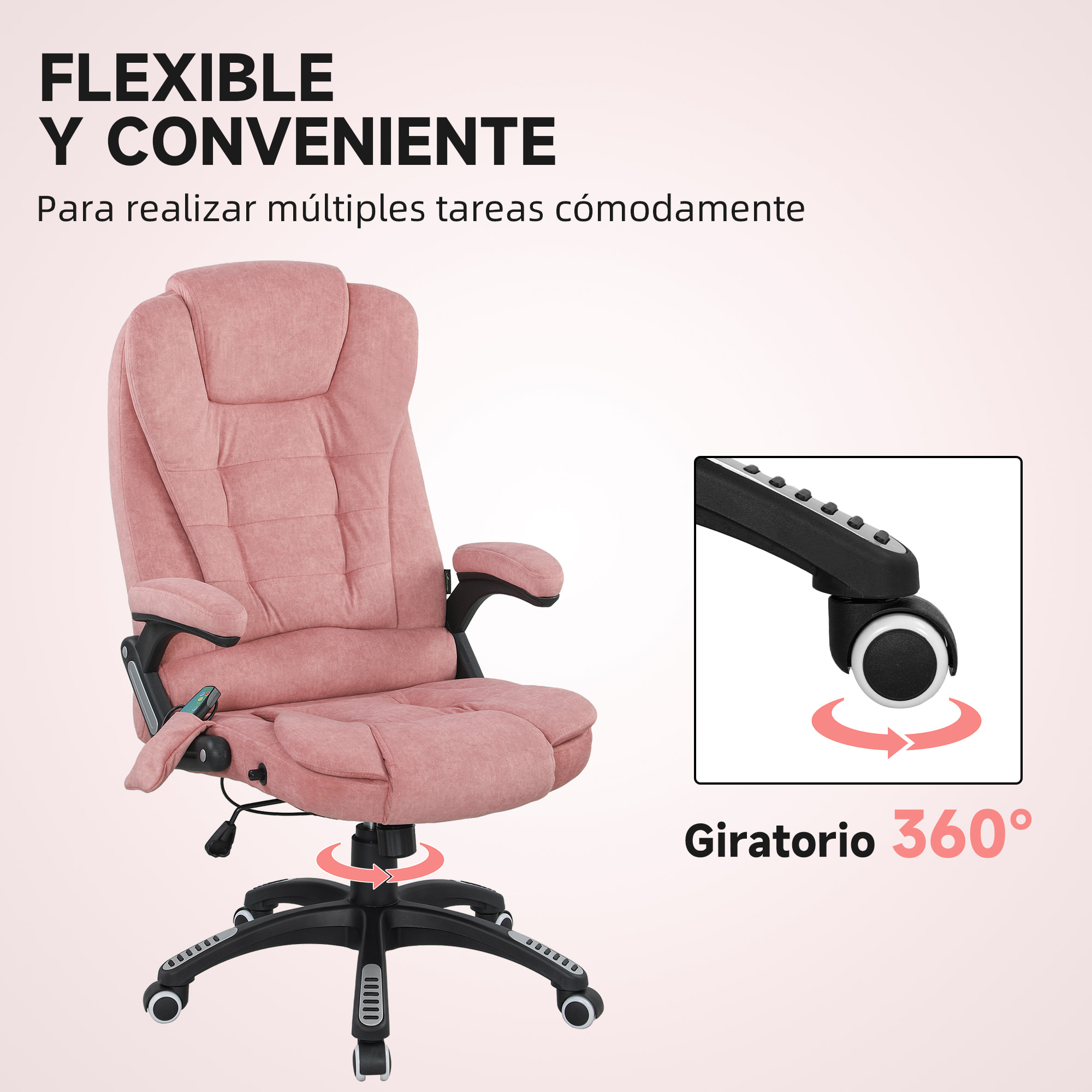 Silla de Oficina con Masaje de 6 Puntos Silla de Escritorio Giratoria con Función Basculante con Calefacción Altura Ajustable Respaldo Reclinable y Mando a Distancia 65x71x110-120 cm Rosa