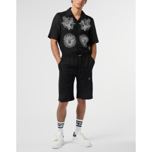 PHILIPP PLEIN Embroidered Linen Bowling Shorts Tattoo Strass