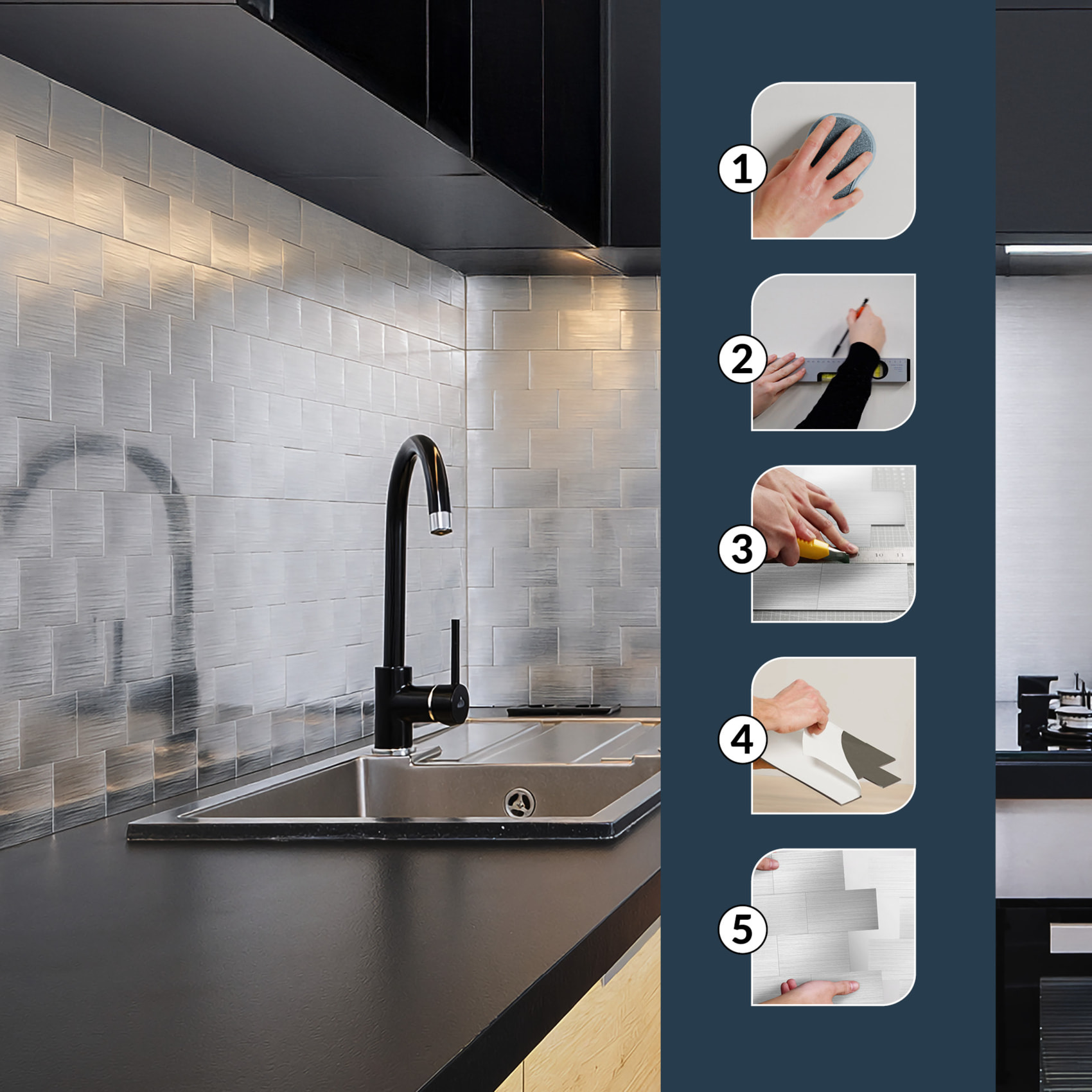 Crédence adhésive murale 3D  - Effet carrelage 4 pièces - Argent