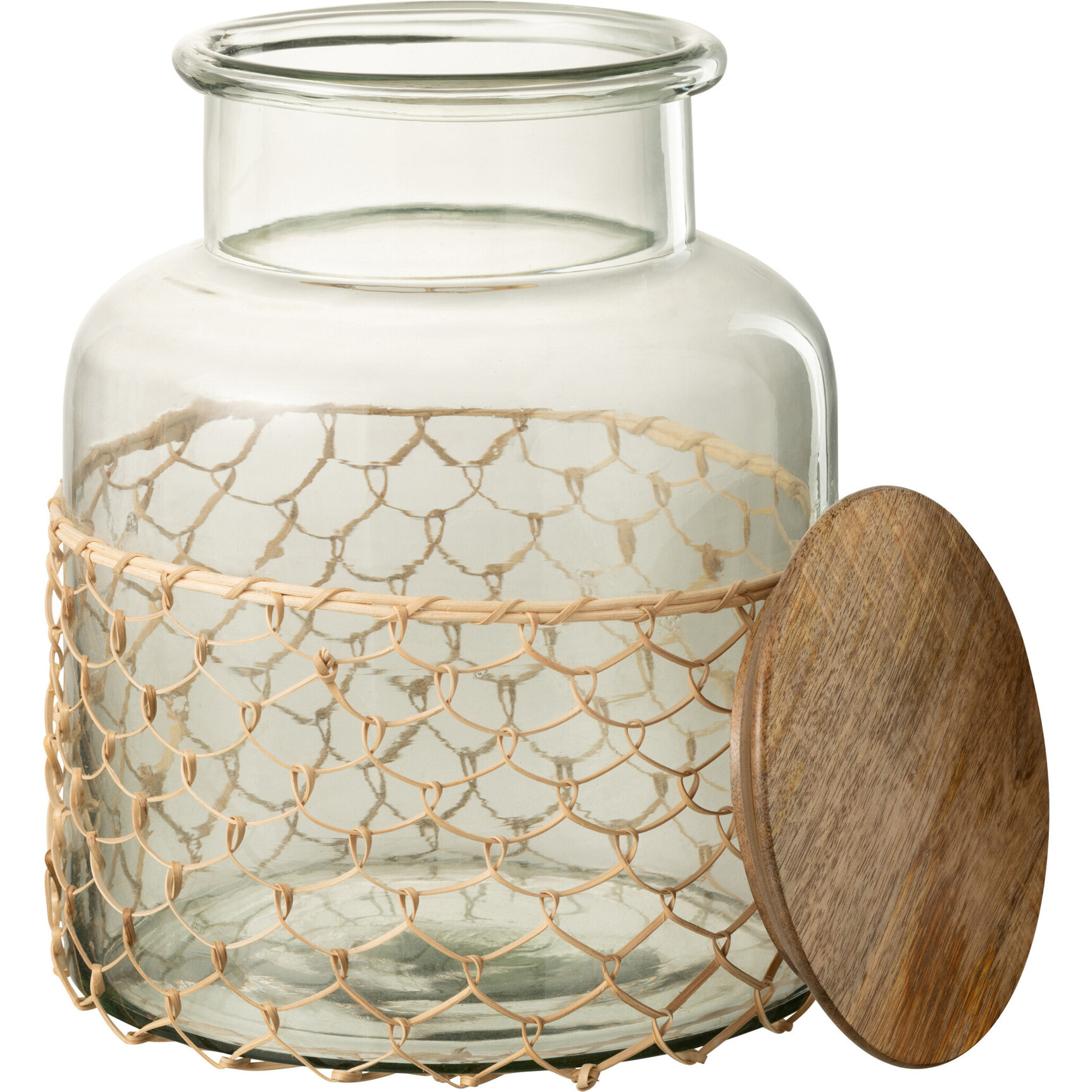 J-Line Pot Couvercle Tricot Verre/Bois/Jute Transparent Large