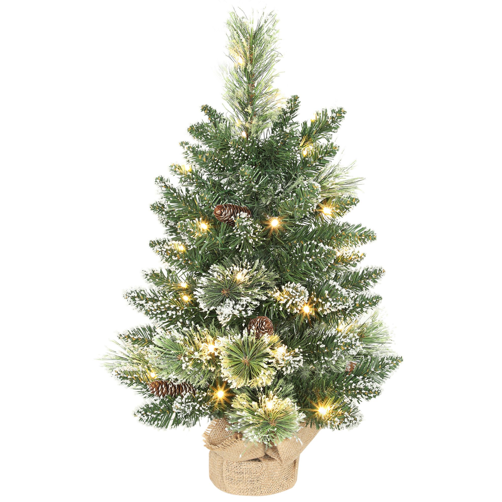 Árbol de Navidad con 35 Luces LED, 60 cm, Mini Árbol de Navidad Artificial con 64 Ramas Densas con Nieve, Piñas, Bayas y Base de Arpillera, Decoración Navideña de Mesa para Casa, Oficina, Verde