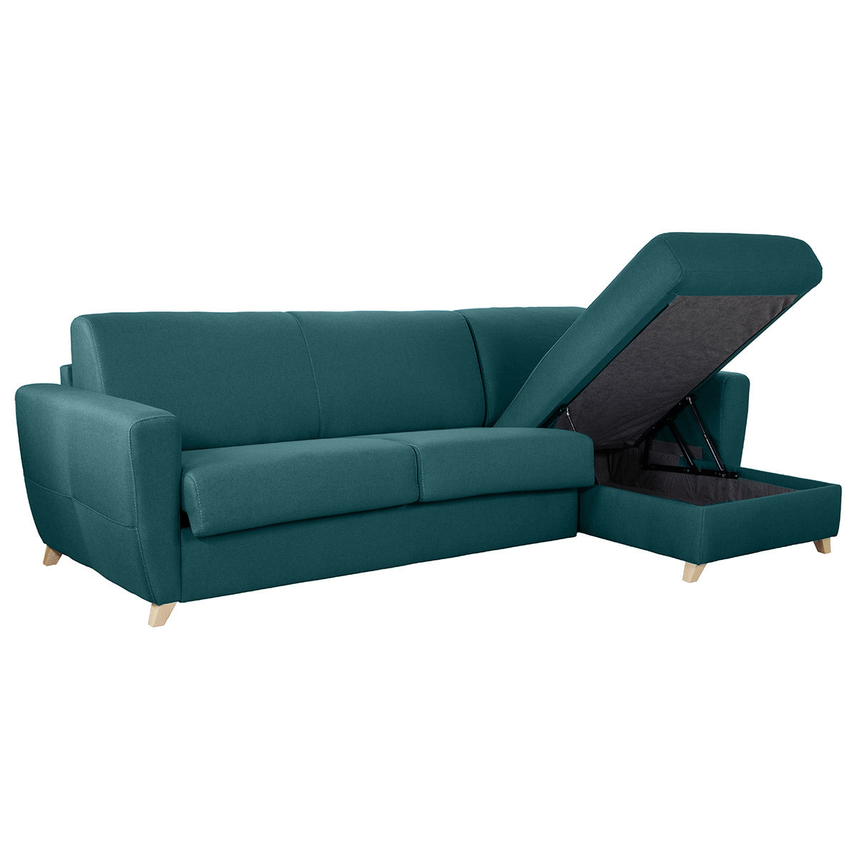 Canapé d'angle convertible réversible avec coffre 4 places en tissu bleu canard et bois clair GRAHAM