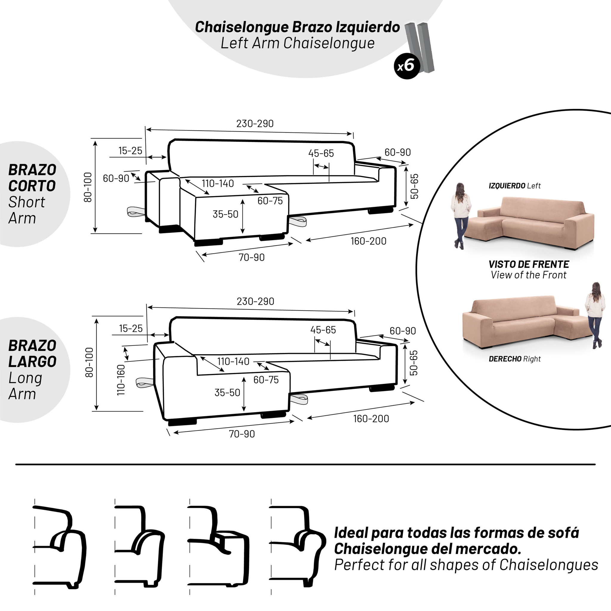 Funda ELÁSTICA para Chaise Longue izquierdo (visto de frente) brazo largo modelo MARCELA