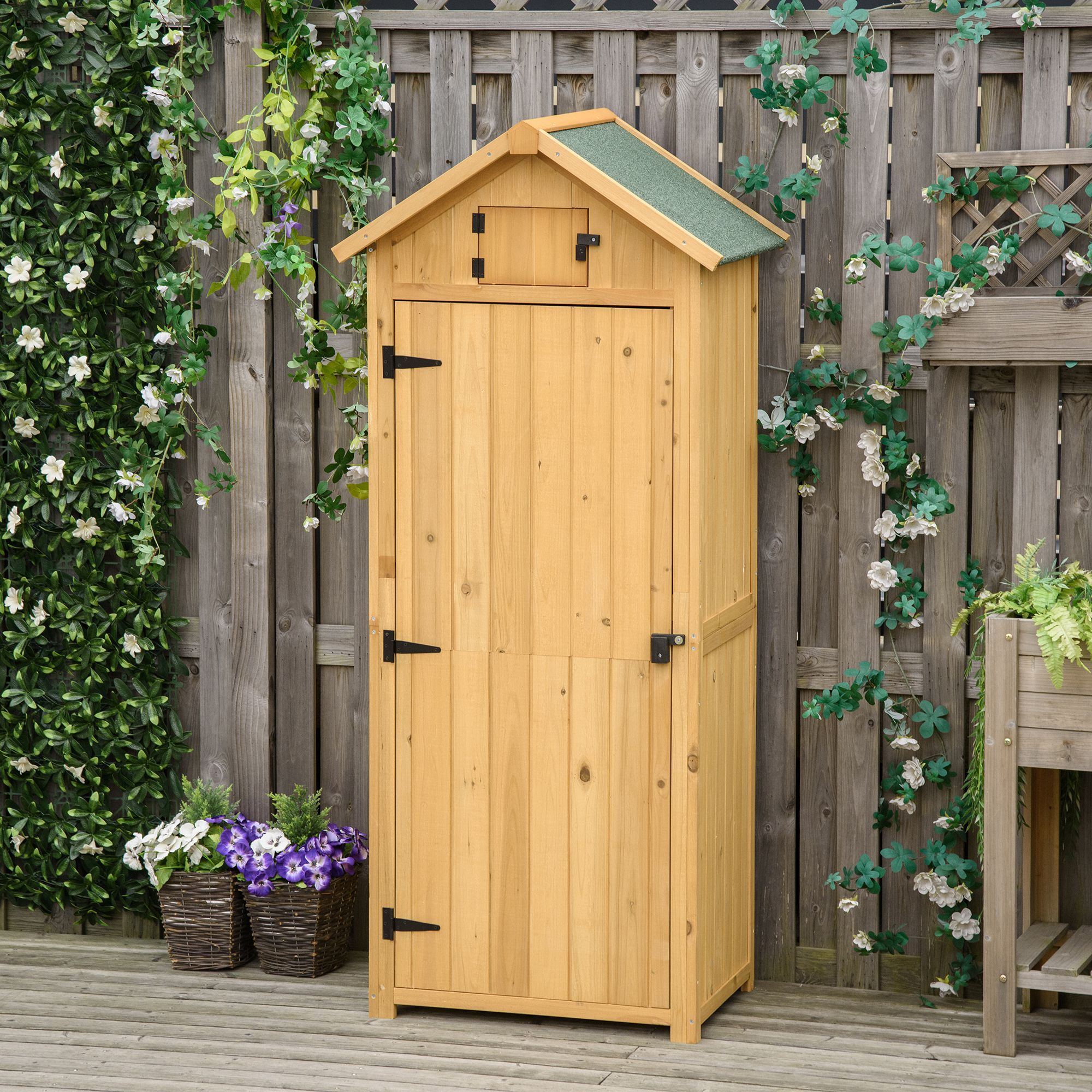 Armoire abri de jardin remise pour outils 3 étagères 2 portes loquets toit pente bitumé 77L x 54l x 179H cm sapin traité lasuré