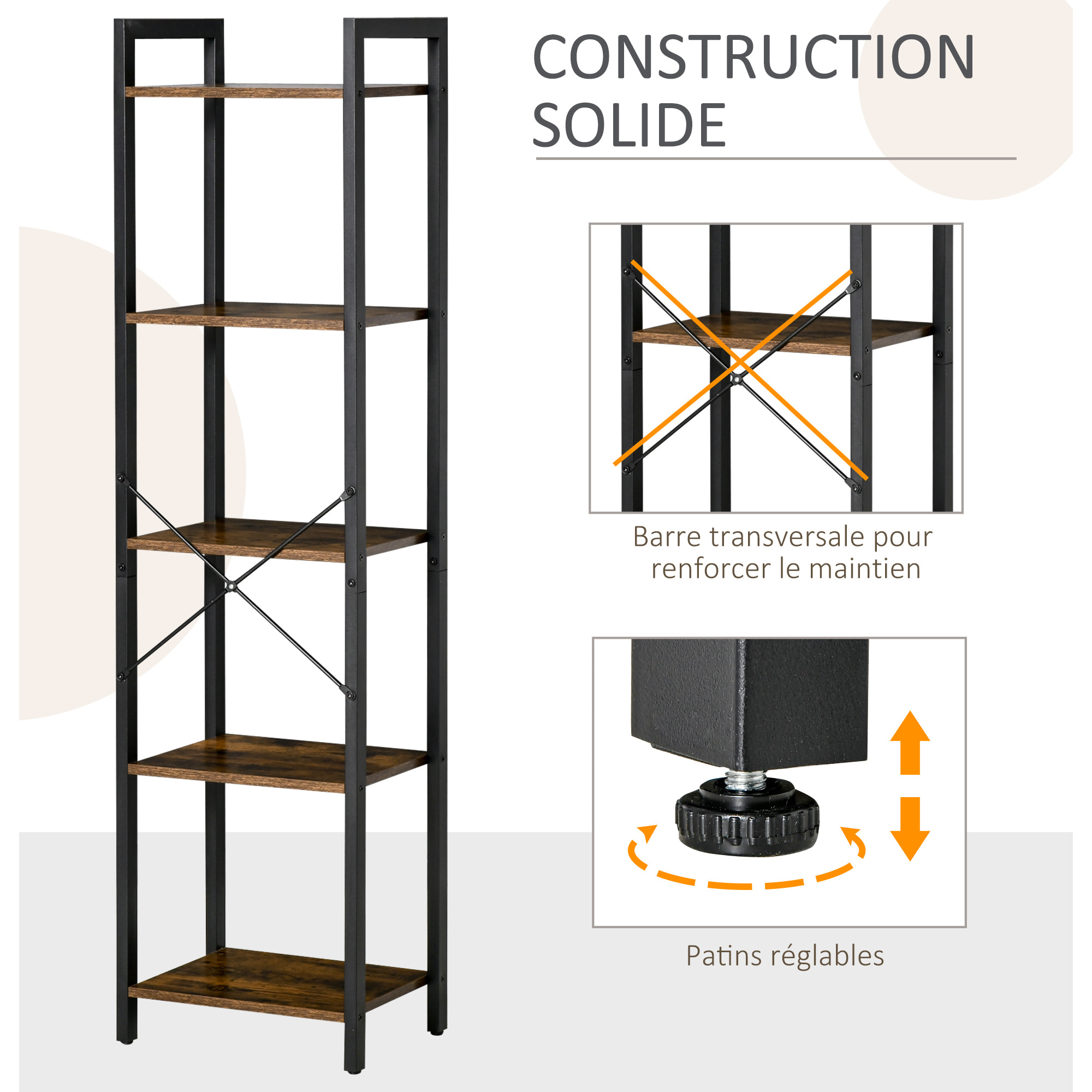 Étagère bibliothèque style industriel H154 cm 5 étagères acier noir panneaux particules aspect bois vieilli