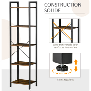 Étagère bibliothèque style industriel H154 cm 5 étagères acier noir panneaux particules aspect bois vieilli