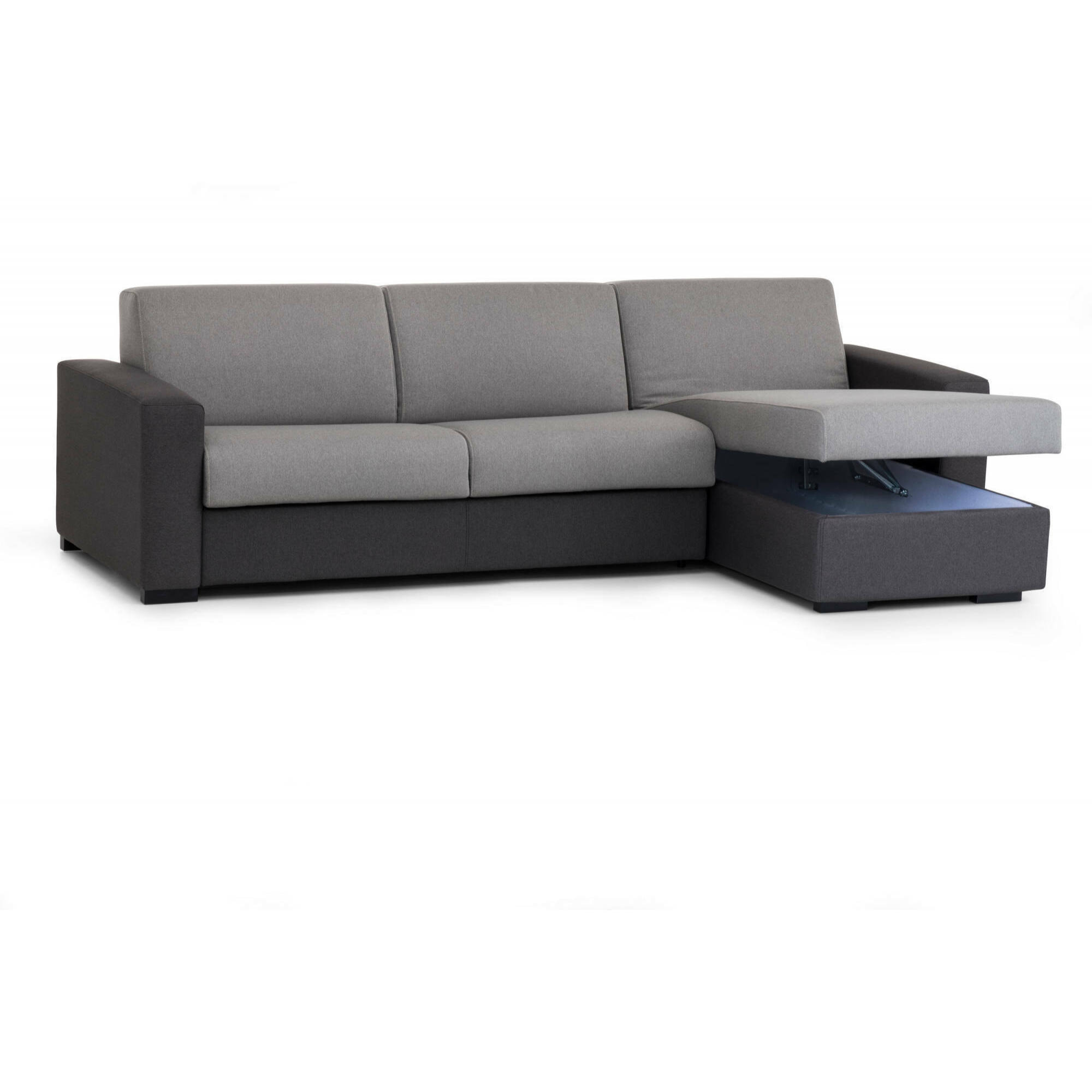 Divano fisso con penisola Azechiele, Sofà ad angolo, Penisola contenitore reversibile, Braccioli slim, 100% Made in Italy, Cm 260x95h90, Grigio bicolor