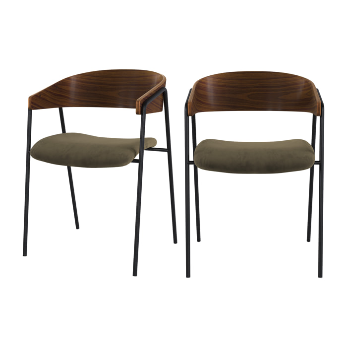 Lot de 2 chaises en velours vert kaki et bois de noyer - Esmée