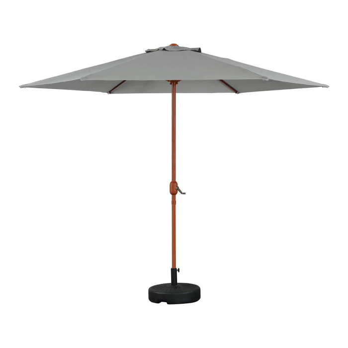 Parasol jardin droit Alu finition bois "Luz" - Rond - Ø 3m - Gris - Avec pied à lester