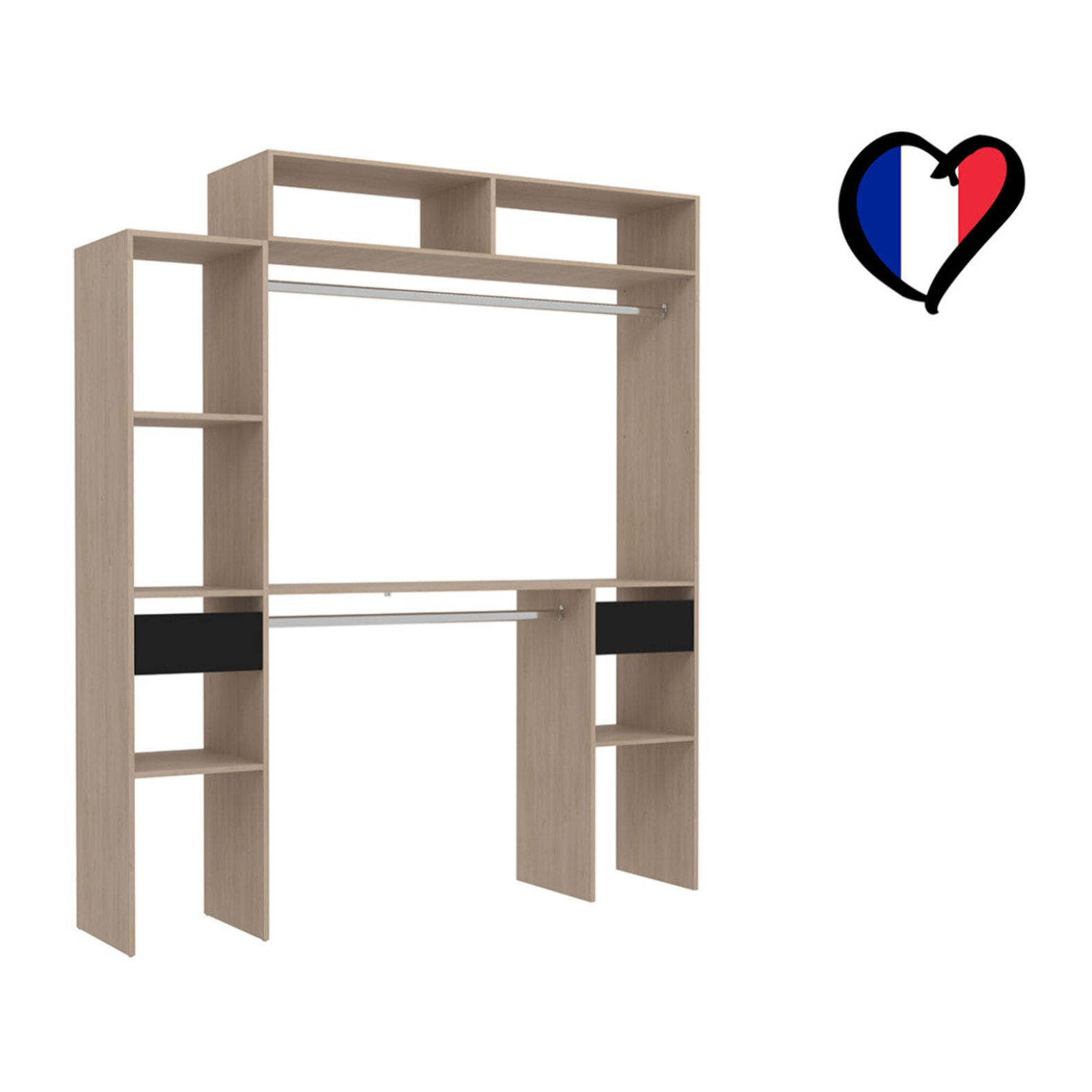 Dressing bois extensible avec 2 penderies, 4 étagères et 2 tiroirs MATIGNON