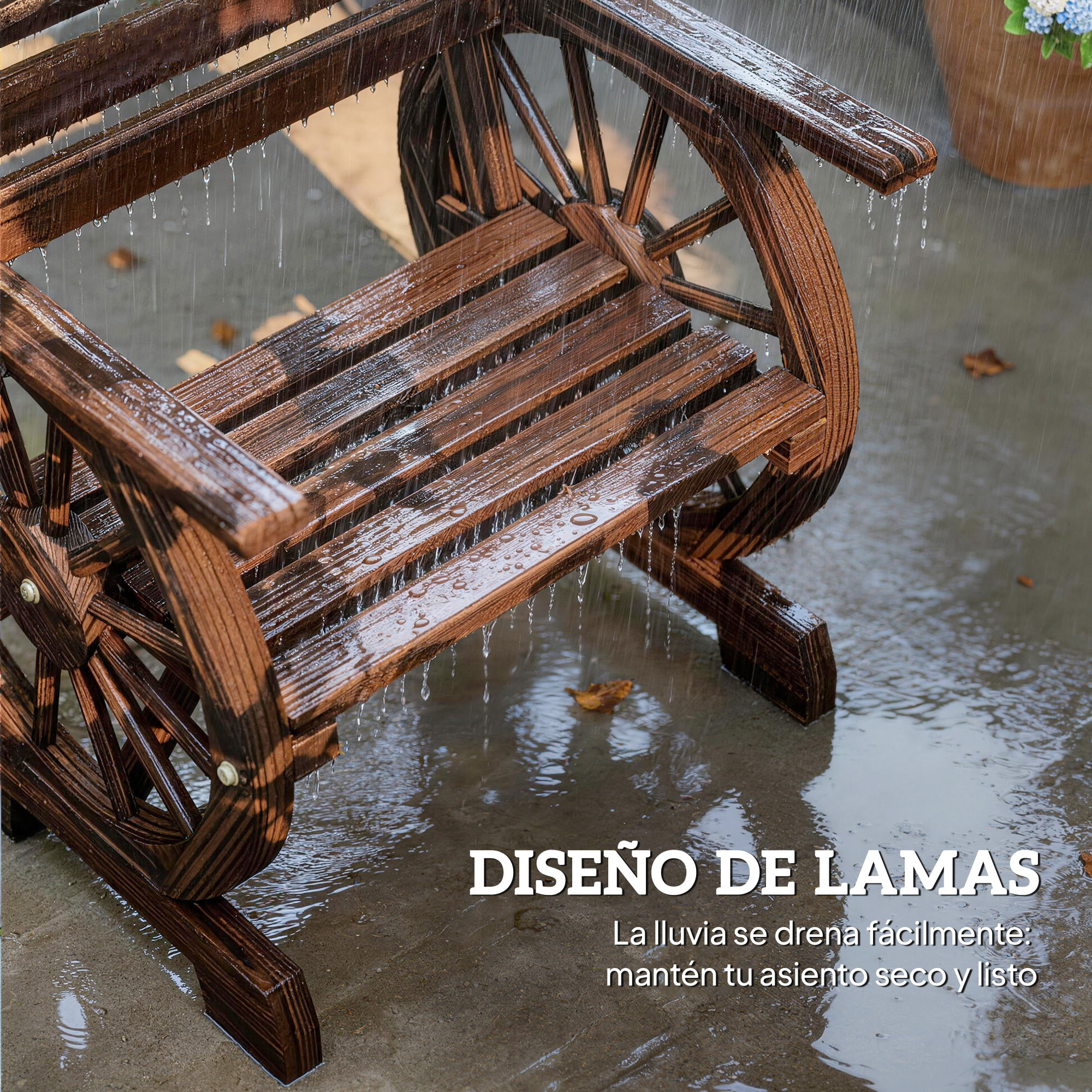 Silla de Jardín de Madera de 2 Plazas, Silla Asiento con Brazos de Rueda de Vagón, Respaldo Inclinado, Estilo Rústico, Carga 120 kg, para Patio, Terraza, Parque, 66x55x90 cm, Carbonizado