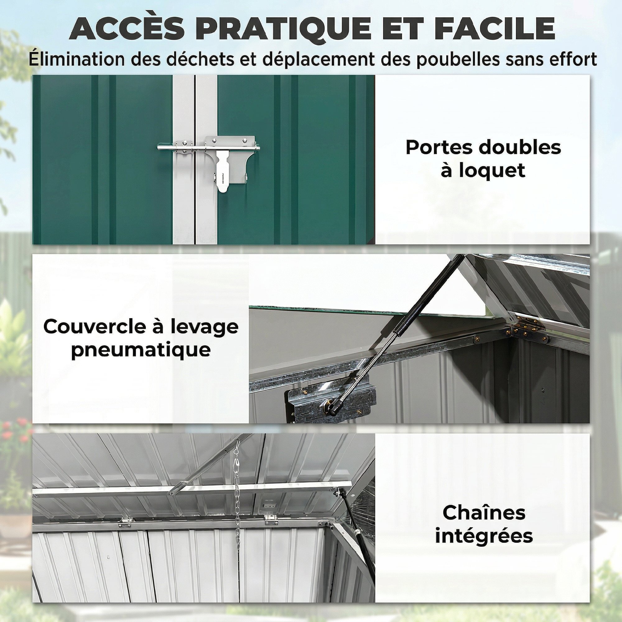 Abri de poubelle jardin - cache poubelle - 2 portes verrouillables, toit ouvrant - tôle d'acier blanc vert
