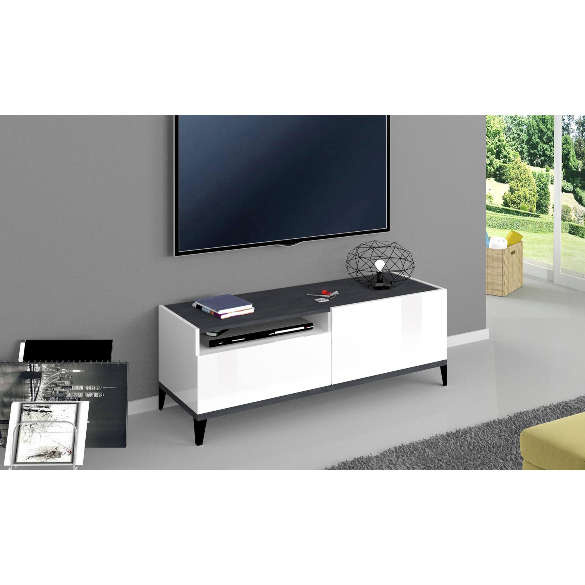 Mobile da soggiorno Porta TV, Made in Italy, Supporto per TV da salotto a 1 anta e 1 cassetto, Cm 120x40h47, Bianco lucido e Ardesia