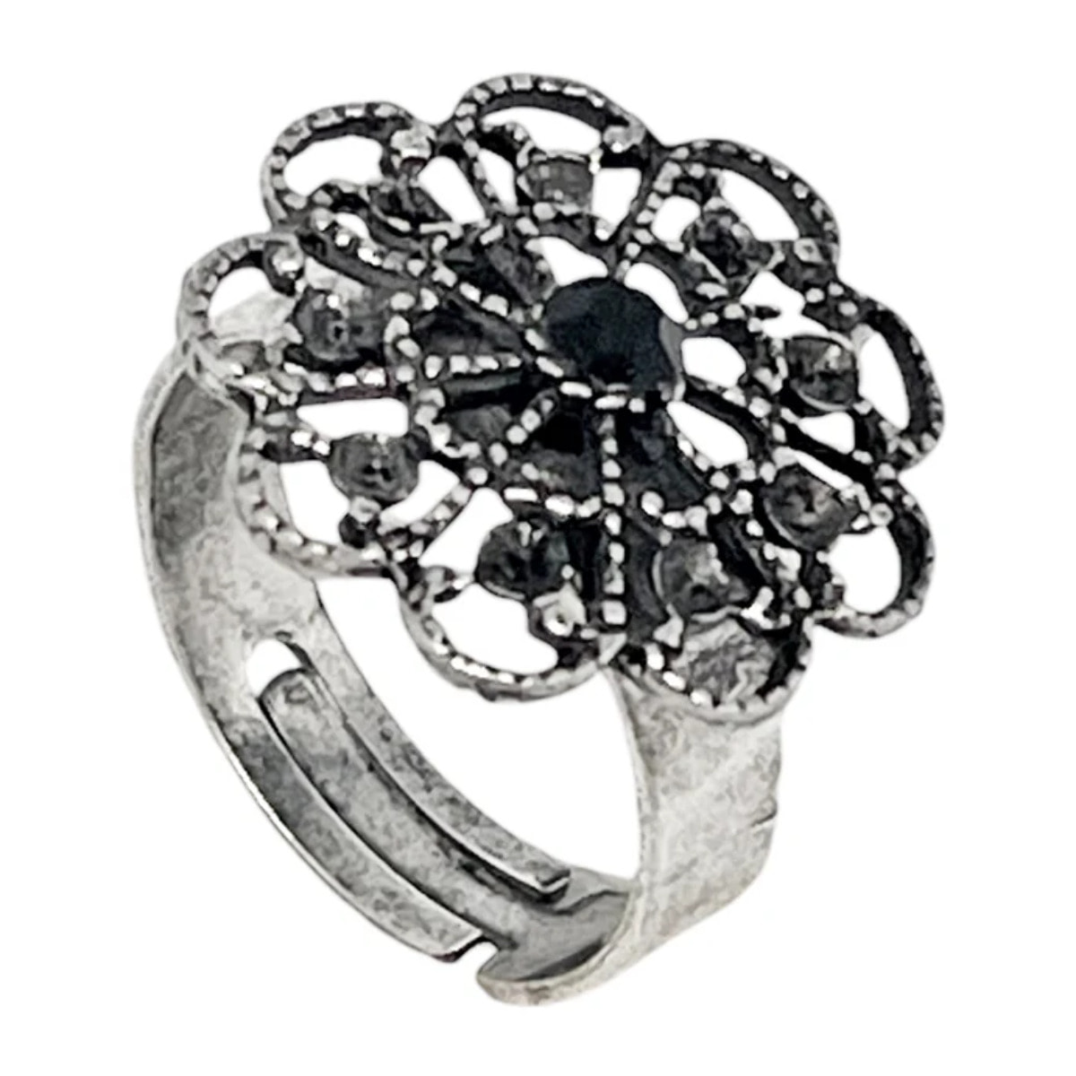 Anillo Vintage redondo y cristal negro plata envejecida