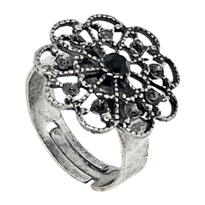 Anillo Vintage redondo y cristal negro plata envejecida
