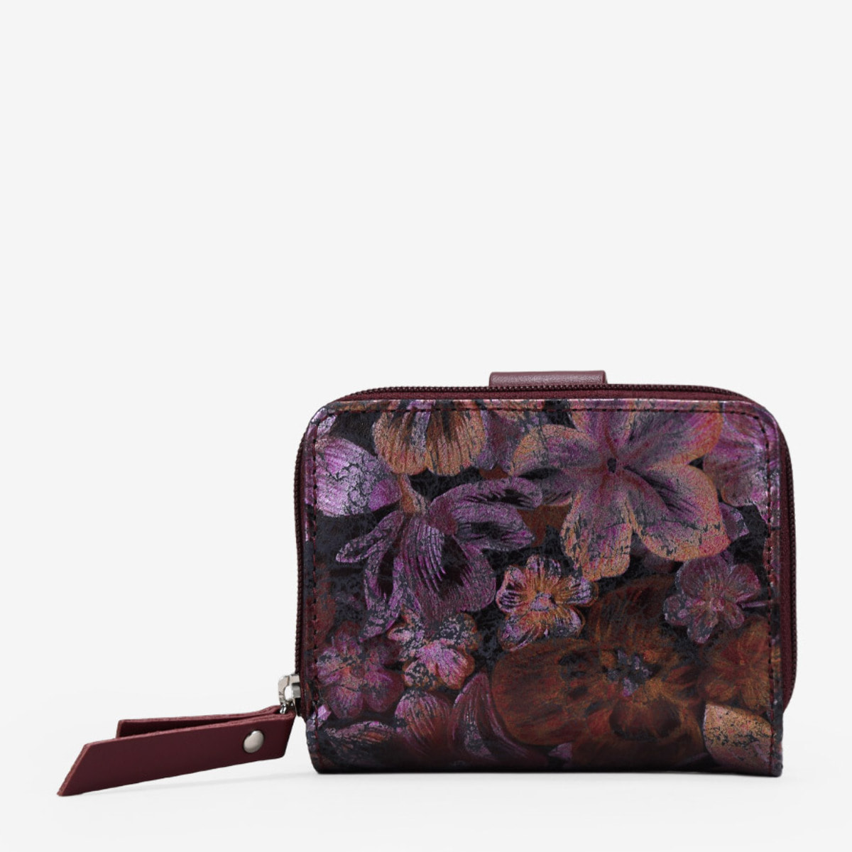 Billetero burdeos en piel con estampado floral