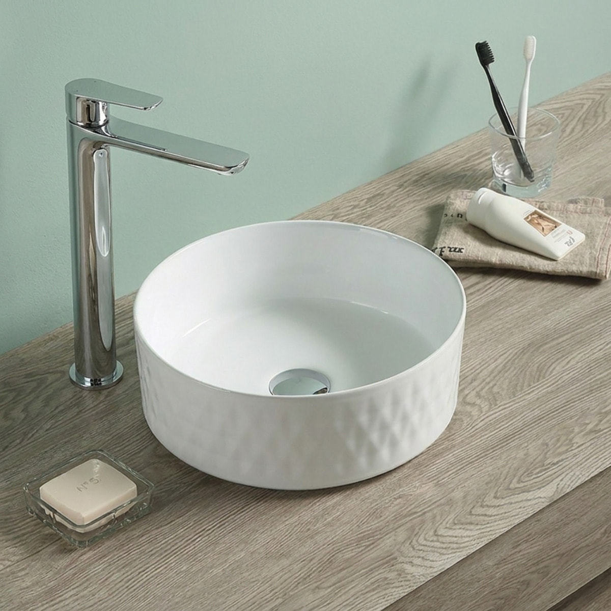 Vasque à poser ronde diamètre 36 cm - blanc brillant - finition striée - sans trop-plein - Infinitio SAT