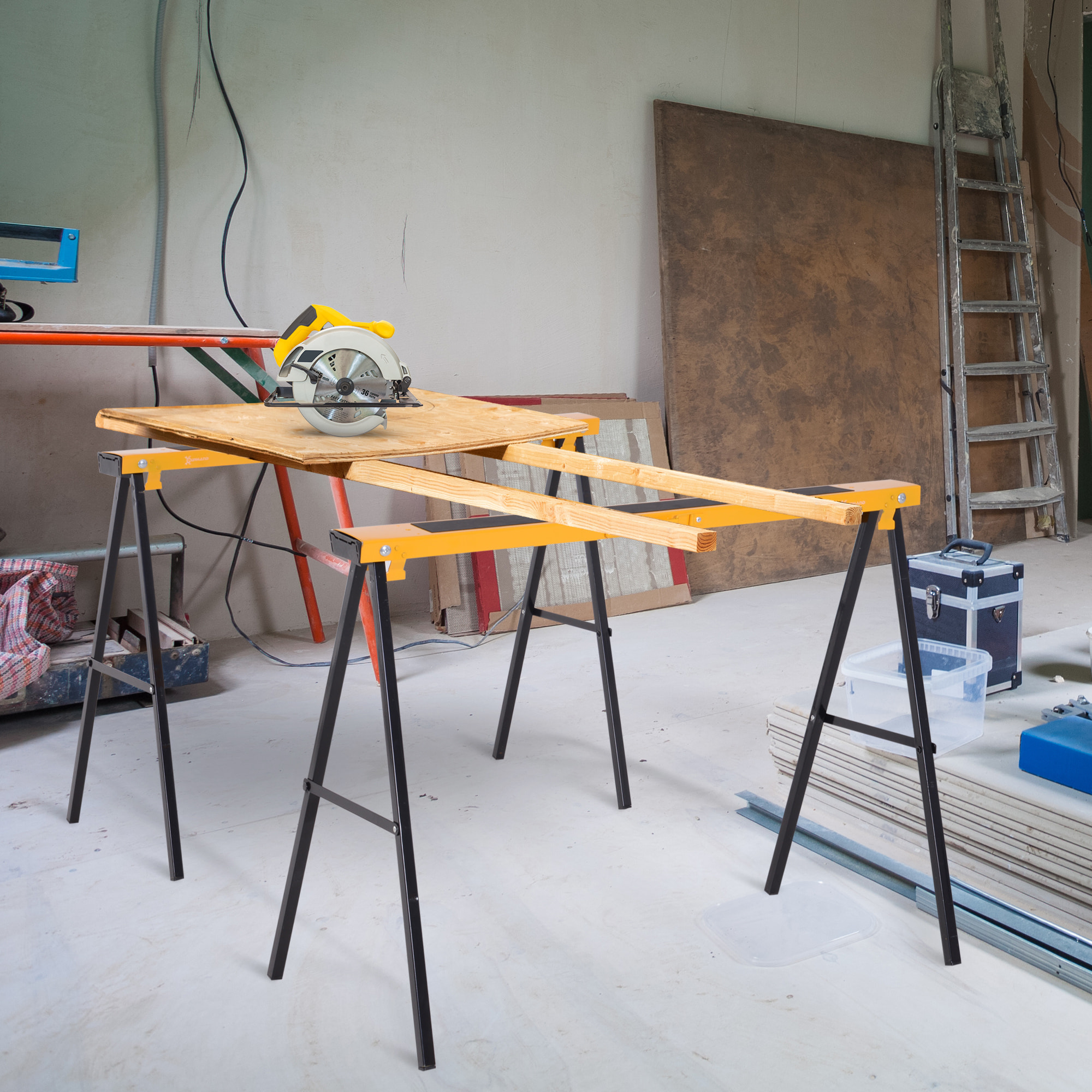 Caballo de Sierra con Patas Plegables Caballete Metálicos 2 Piezas con Asa Almohadilla Antideslizante Carga Máx. 250kg Acero