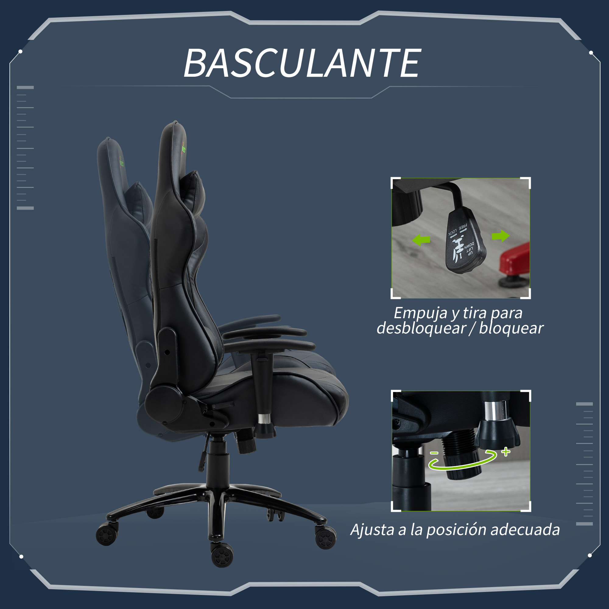 Vinsetto Silla Gaming Ergonómica Silla de Escritorio Giratoria Reclinable Altura Ajustable con reposabrazos 2D Regulable Reposacabezas y Cojín Lumbar Cuero Sintético 73x71x128-136 cm Negro