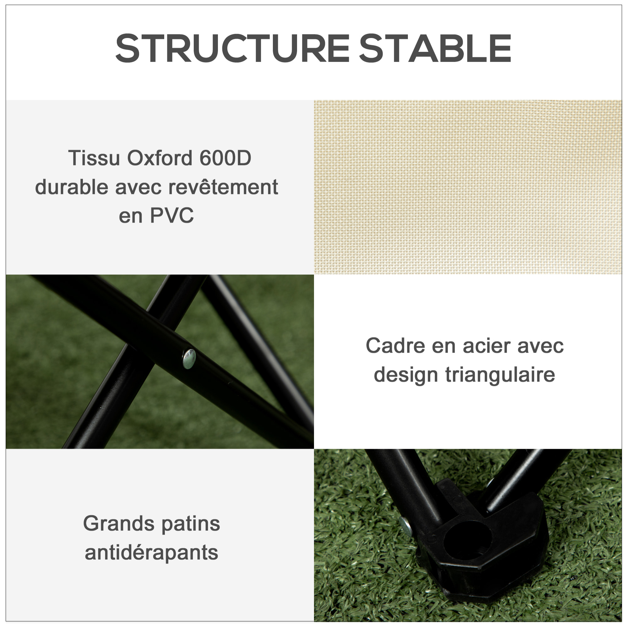Chaise de camping pliable avec sac de transport et pochette de rangement acier oxford beige