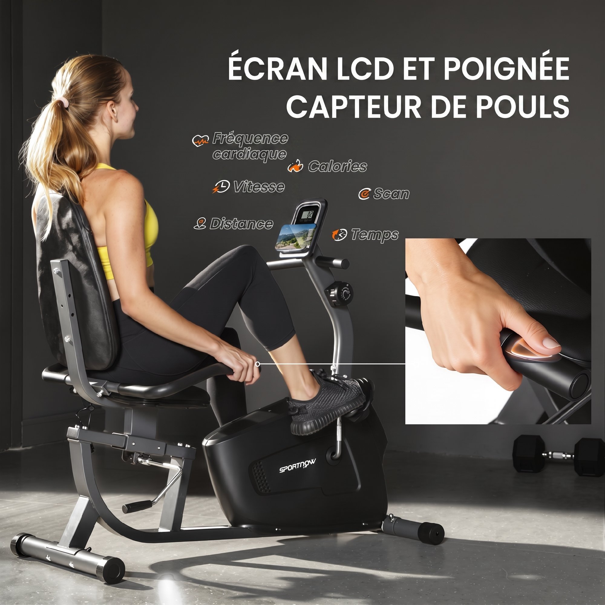 Vélo d'appartement semi-allongé réglable écran LCD multifonction noir