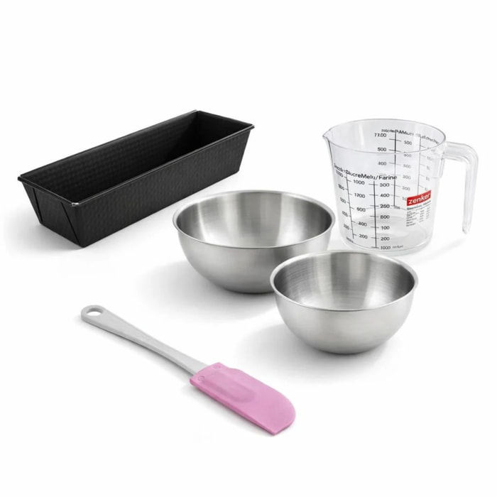 Set pâtisserie avec moule à cake, 2 bols à mixer, verre mesureur et spatule Zenker