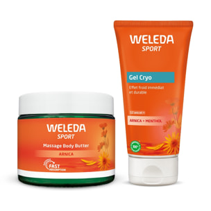 WELEDA - Duo Baume de Massage Arnica + Gel Cryo Arnica - Après l'effort - Vegan* - Certifié Natrue** - Pot en verre 150ml + Tube 100ml