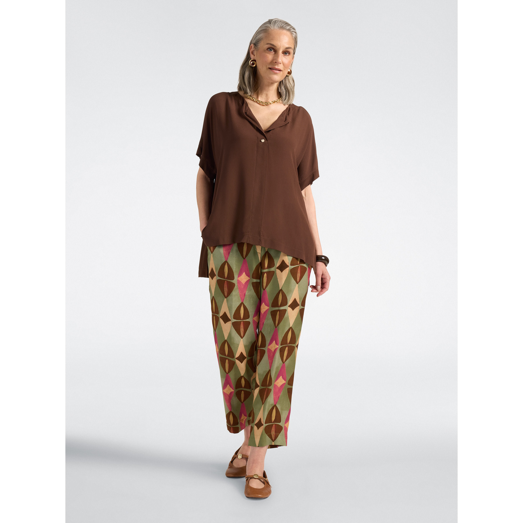 Elena Mirò - T-shirt maniche kimono con bottoni gioiello - Marrone