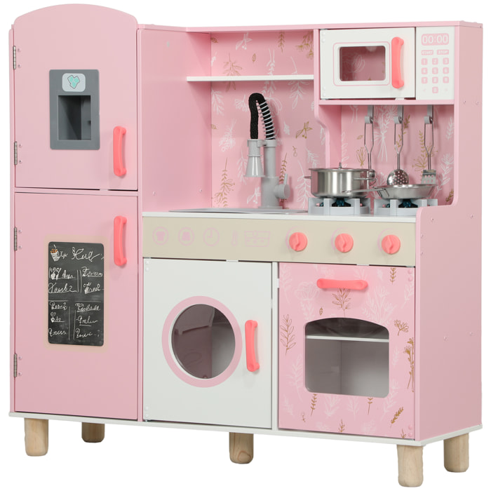 Cocina de Juguete para Niños +3 Años Cocina de Madera Infantil Cocinita Infantil con Sonido Fogón Horno Grifo Fregadero Microondas Lavadora Máquina de Hielo y Accesorios de Cocina Rosa