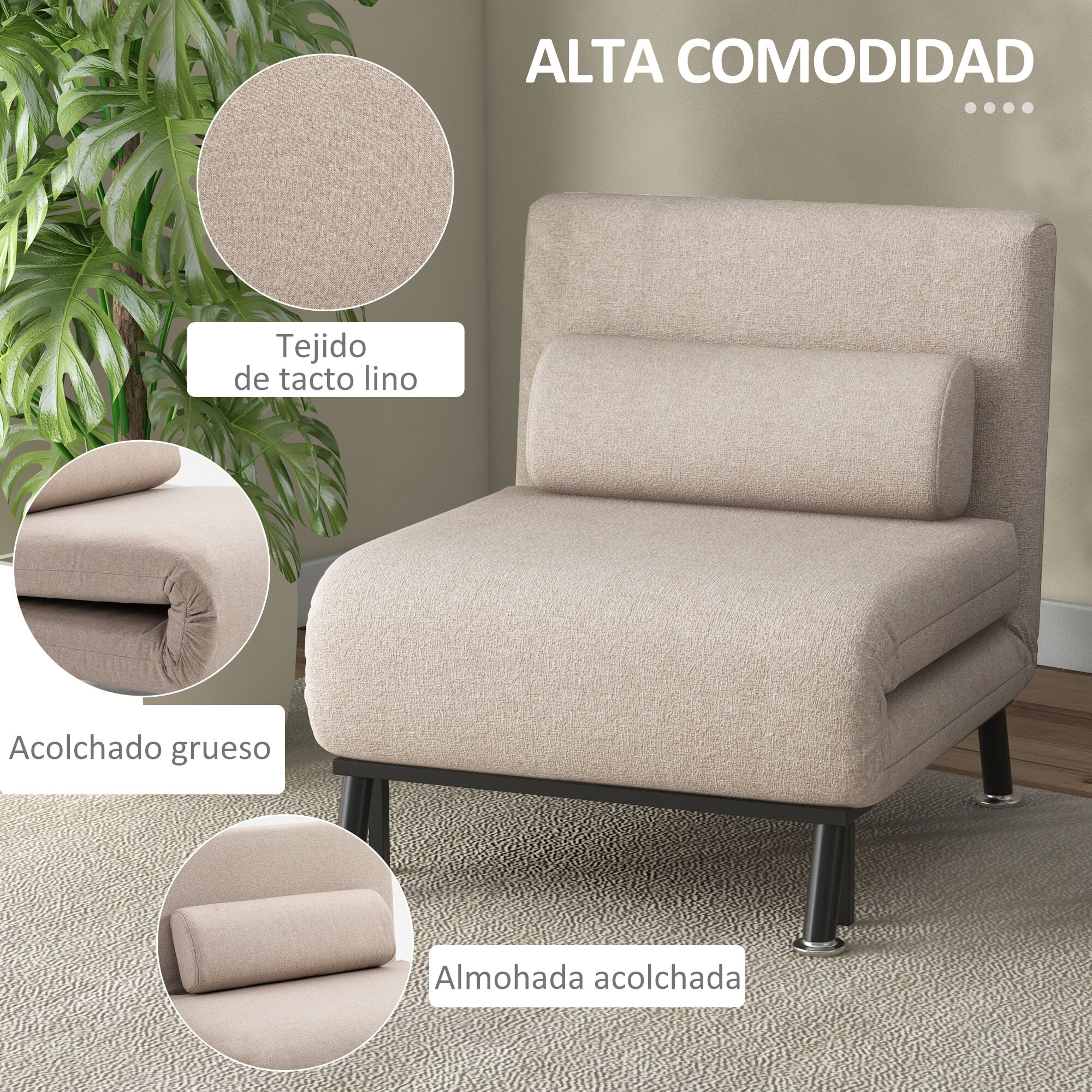 Sofá Cama de 1 Plaza 3 en 1 Sofá Cama Plegable Tapizado en Lino con Respaldo Ajustable de 5 Niveles y Almohada Acolchada para Oficina Dormitorio Salón 75x70x75 cm Beige