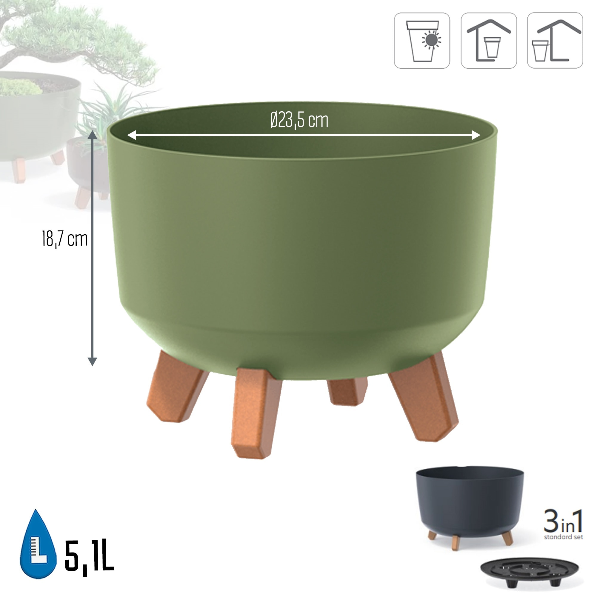 Macetero color verde tierra,sin depósito , colección gracia de 29cm x 29cm x 22cm cm, capacidad de 9,8 l.