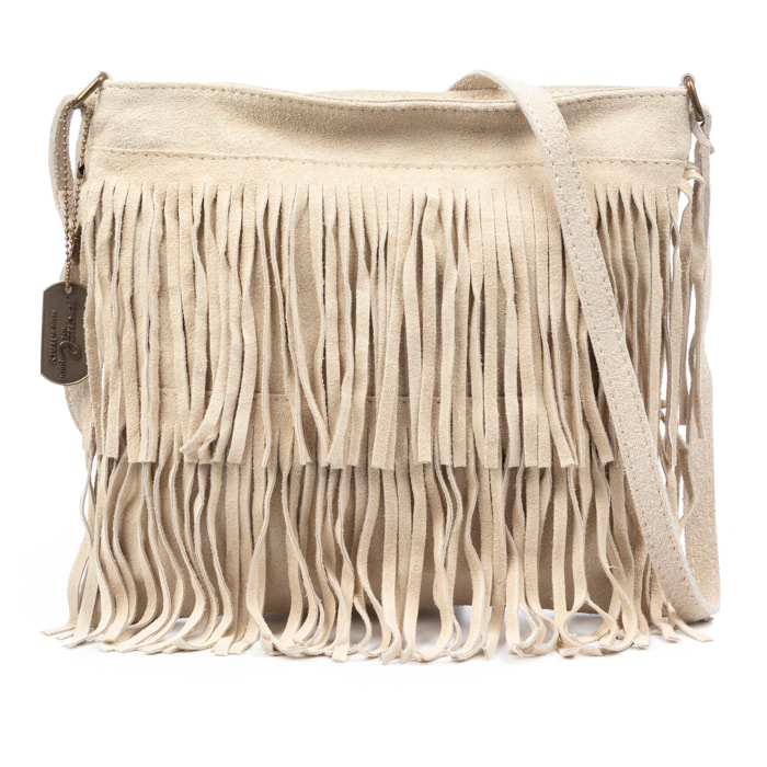 Avise borsa a tracolla con frange da donna. Vera pelle scamosciata.