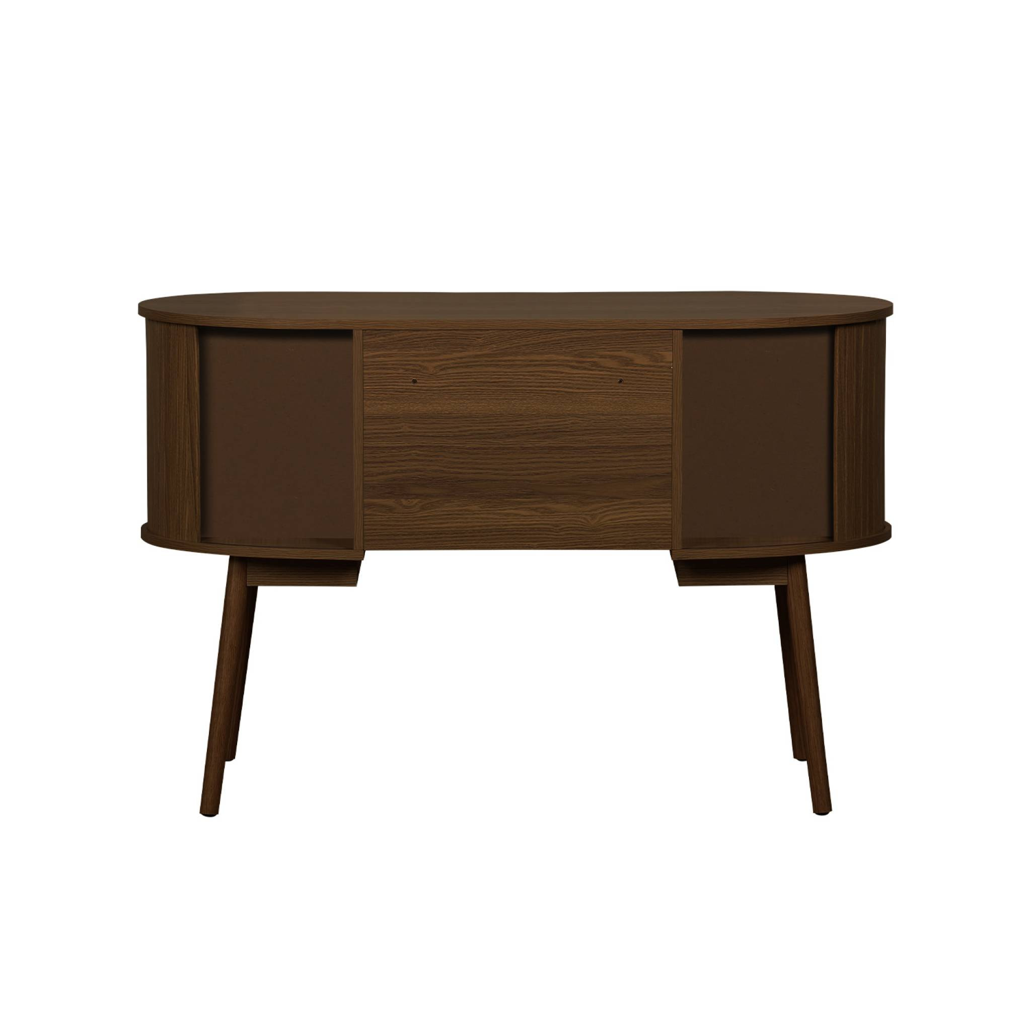 Bureau ovale décor bois rainuré avec deux espaces de rangement. L 120 x P 55 x H 77 cm