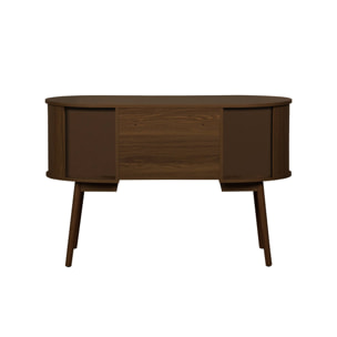 Bureau ovale décor bois rainuré avec deux espaces de rangement. L 120 x P 55 x H 77 cm